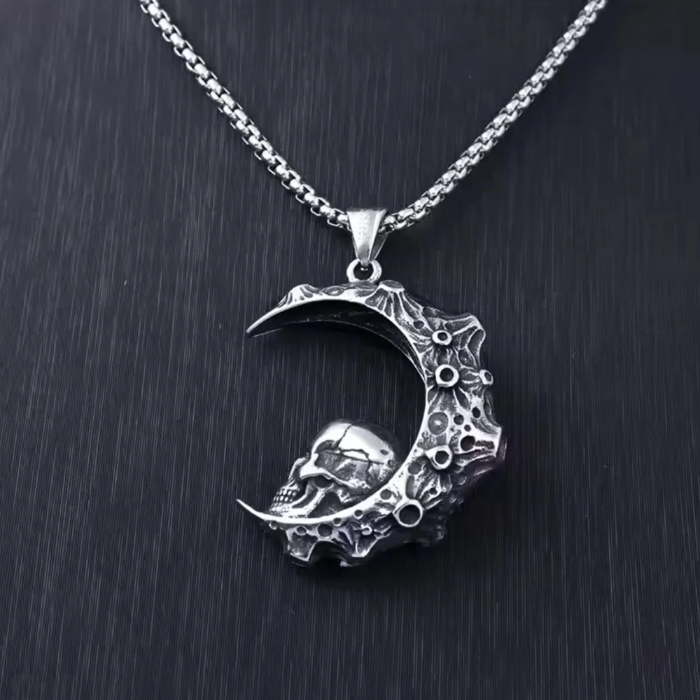 925 Sterling Silver Skull In Crescent Moon NO FADE Necklace Unisex Biker Goth